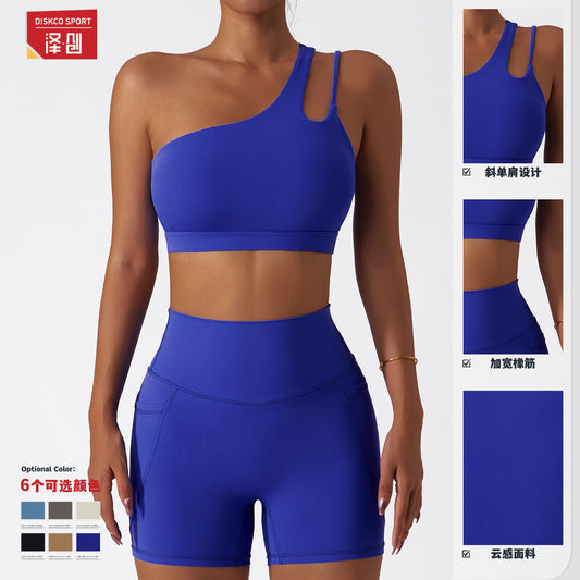 Inclined shoulder shockproof yoga bra cloud feeling beautiful back sports underwear irregular shoulder strap running fitness vest top